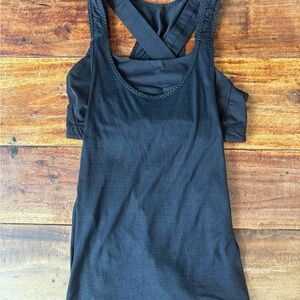 Lululemon Stash it Sports Bra Top Black Gold 4 EUC Luxtreme Mesh Open